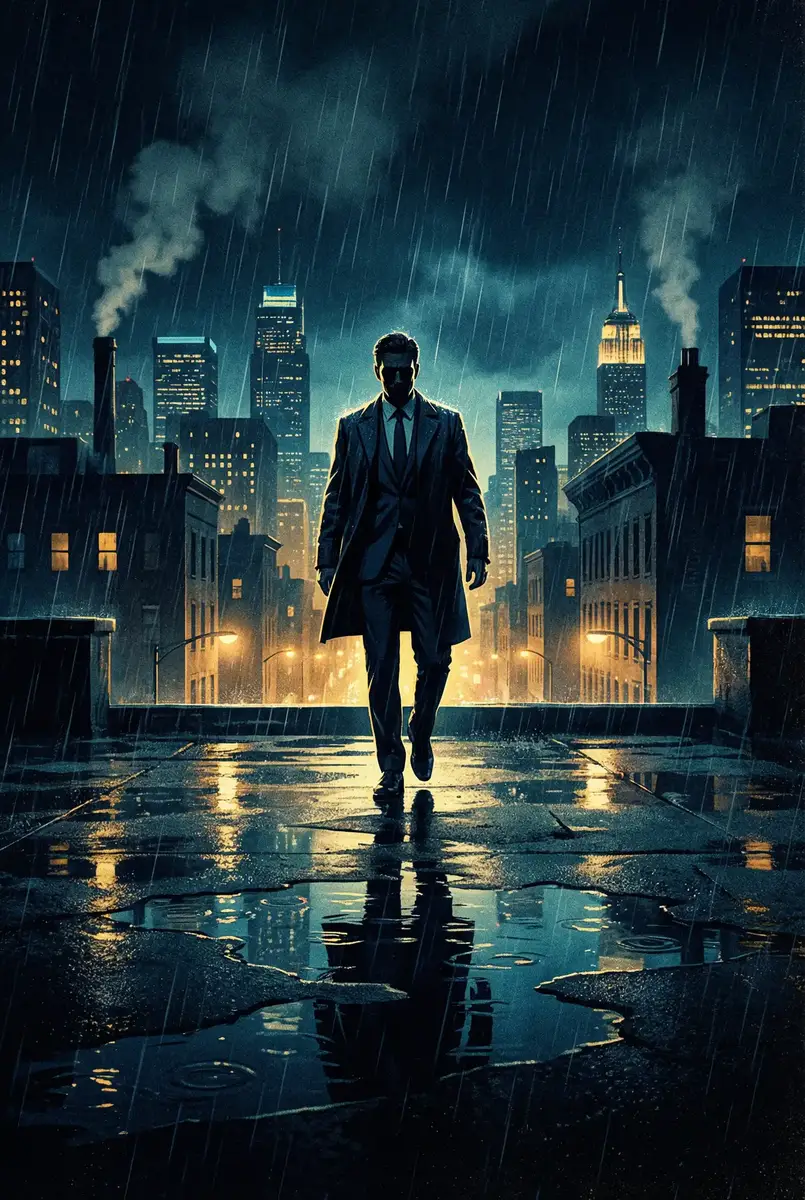 姐姐的朋友5有翻译怎样免费观看 出品影片《雨夜独行者》海报，雨中城市屋顶男性剪影